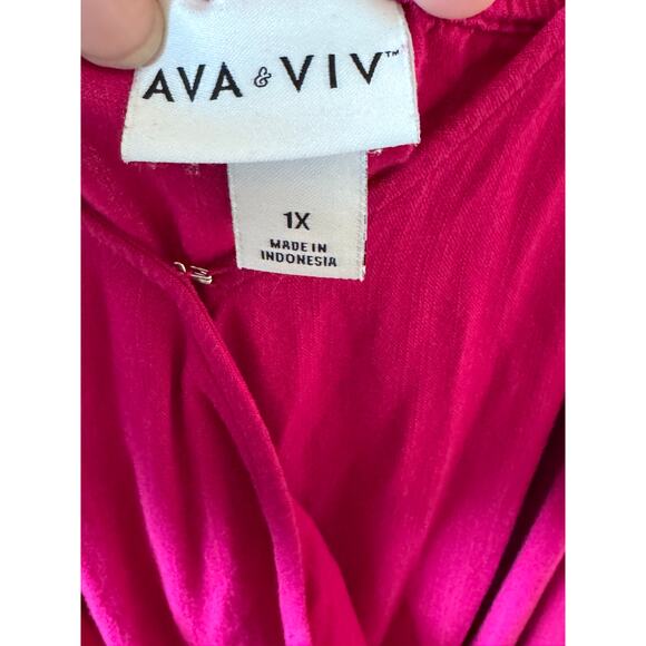 Ava & Viv Magenta Spaghetti Strapped Dress With Tie Belt Size: 1X - Picture 3 of 4